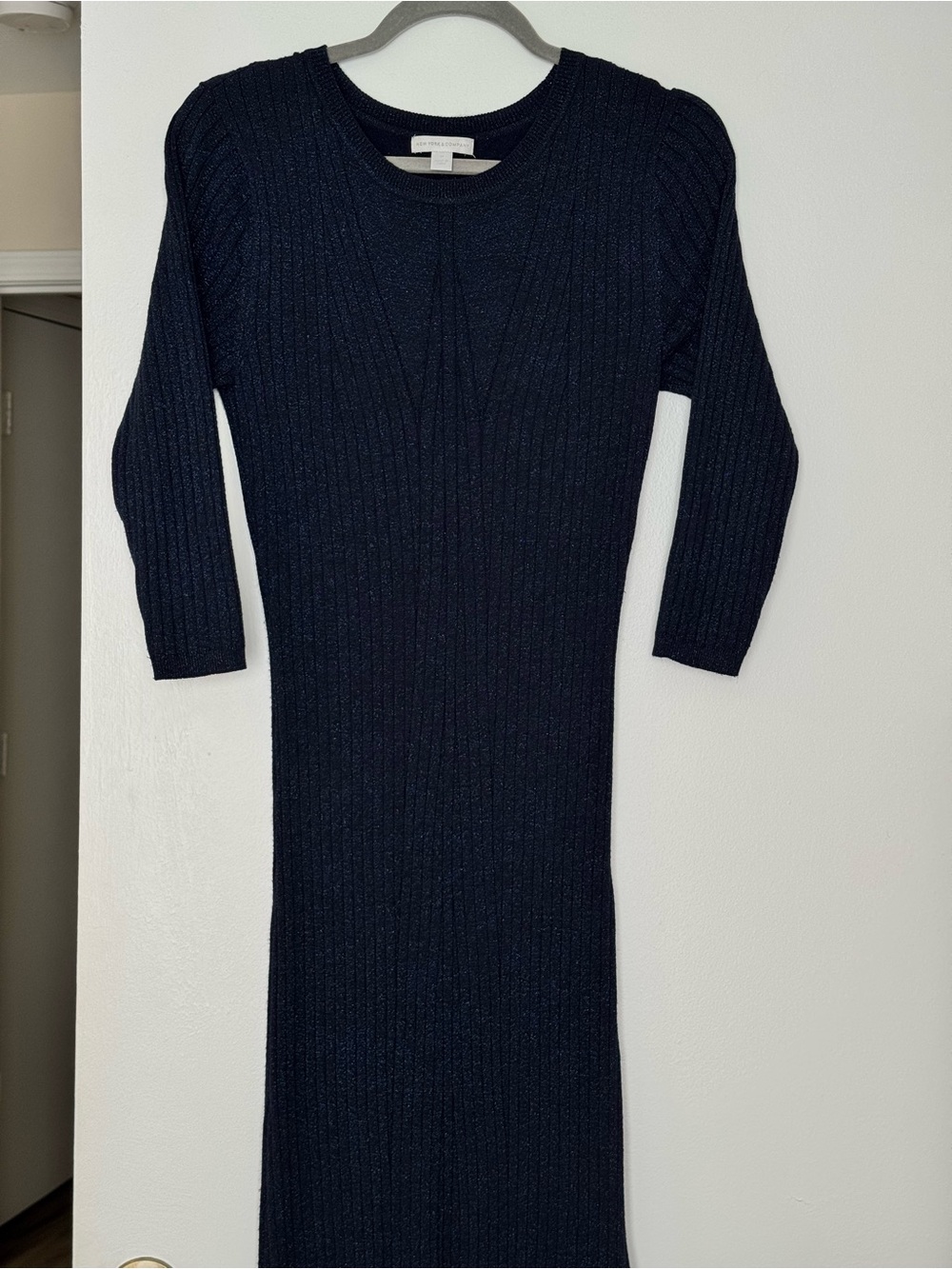New York & Company Navy w/ Subtle Sparkles Ribbed Knit Midi Dress